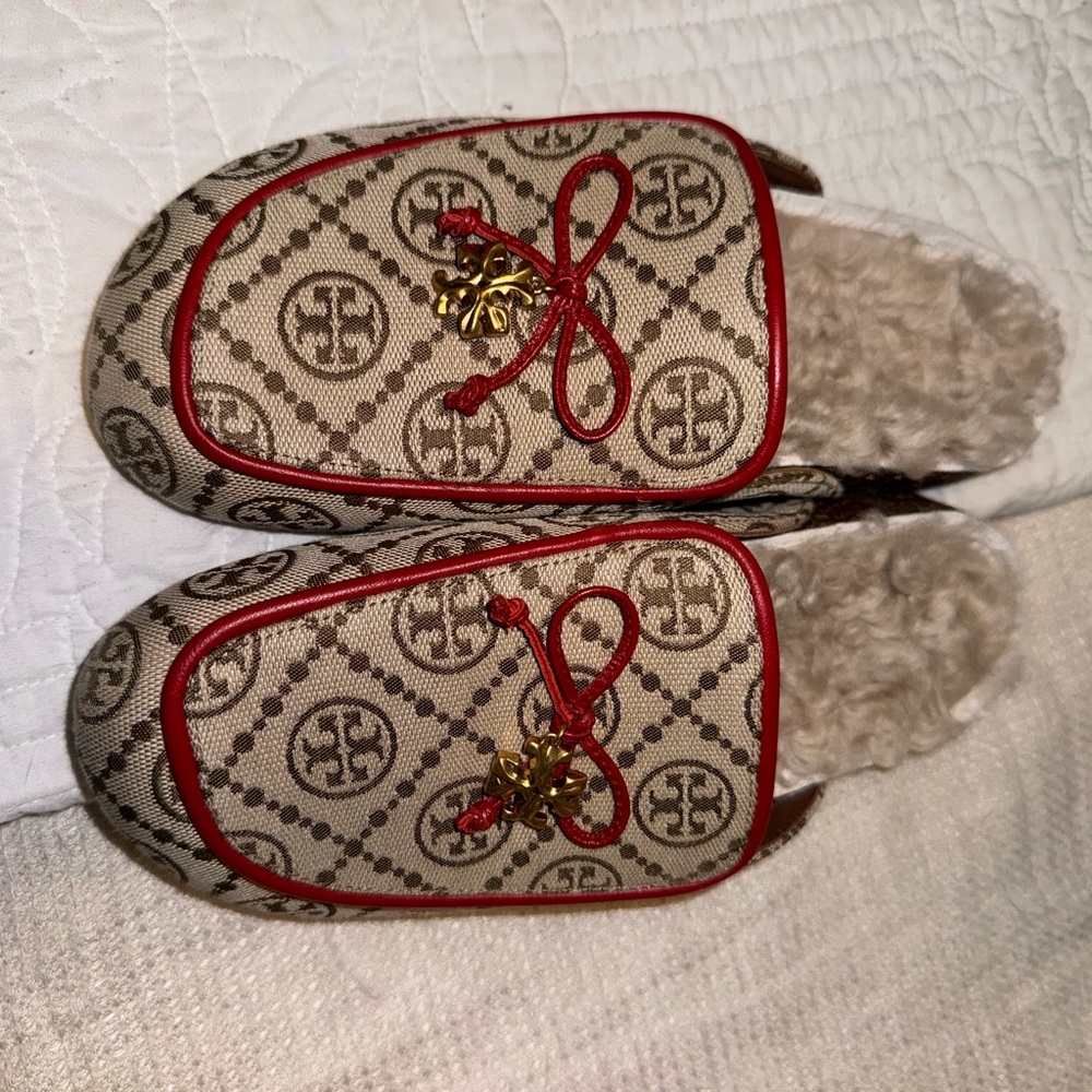 TORY BURCH Beige and Red Patterned MULES NEW